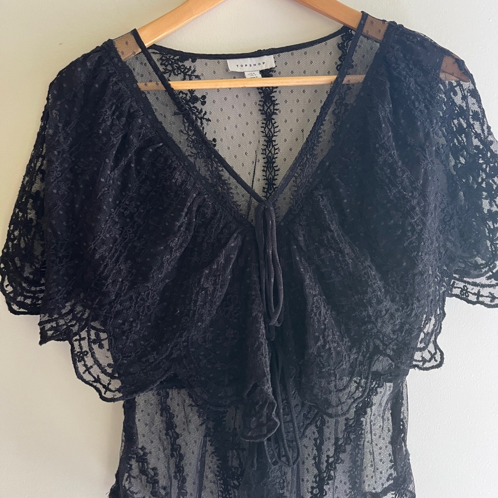 Topshop Black Lace Flutter Sleeve Blouse